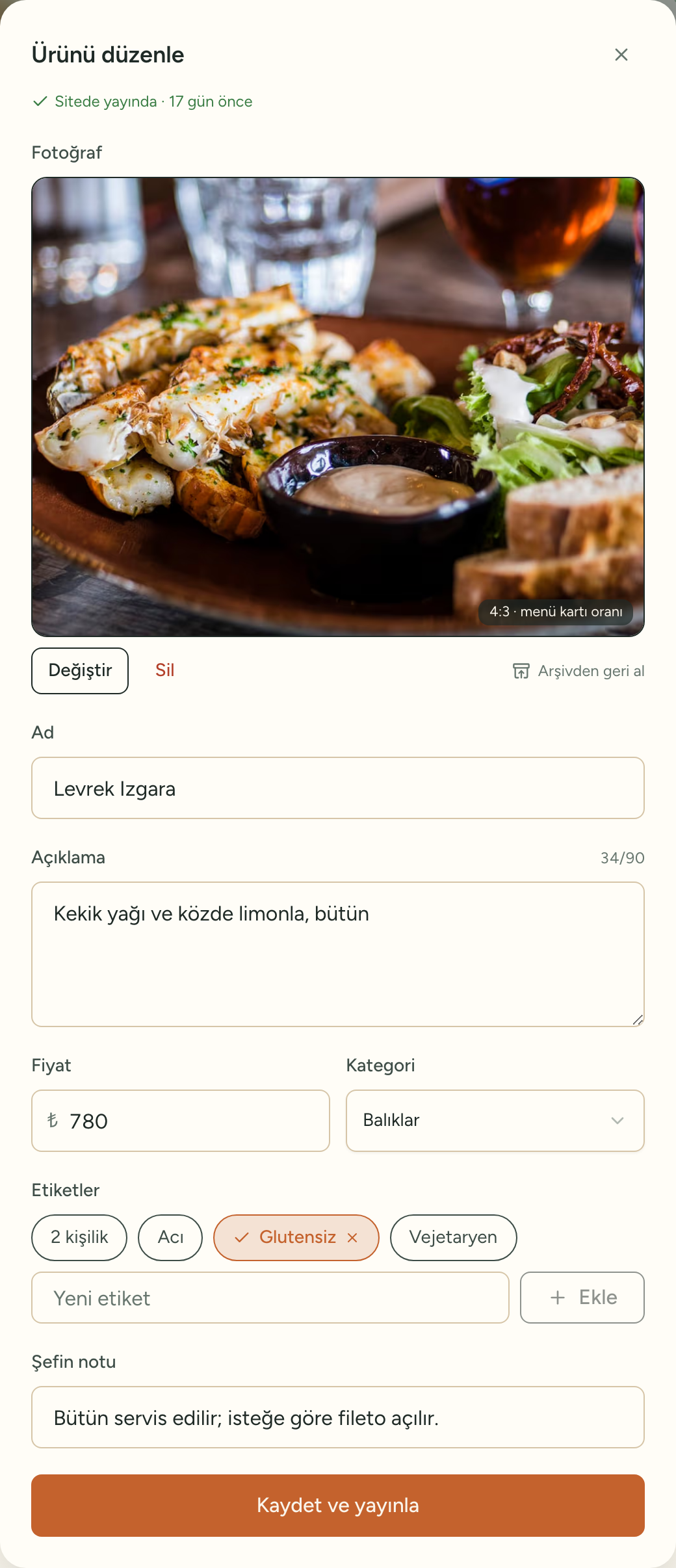 Levrek Izgara ürününün eksiksiz düzenleme formu